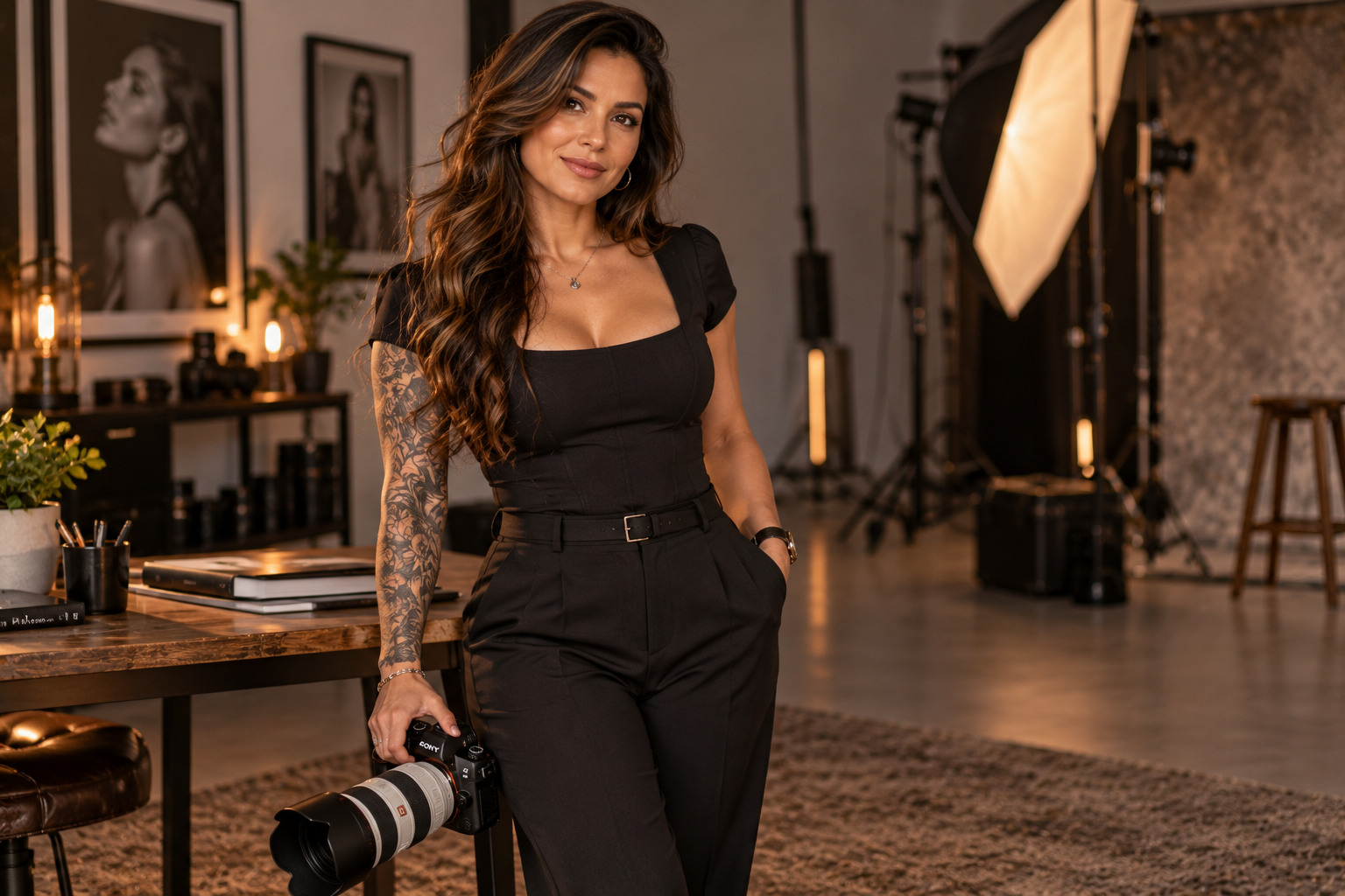 Elizabeth Marquez holding a camera in her photography studio