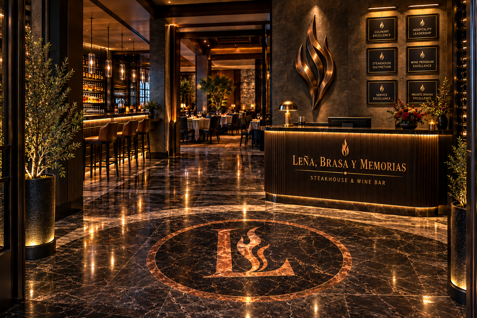 Entrance foyer and host stand at Leña, Brasa y Memorias