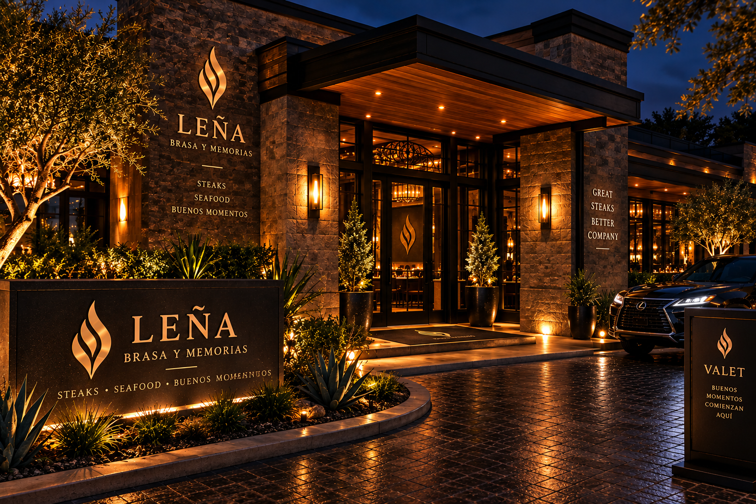 Exterior arrival at Leña, Brasa y Memorias at night