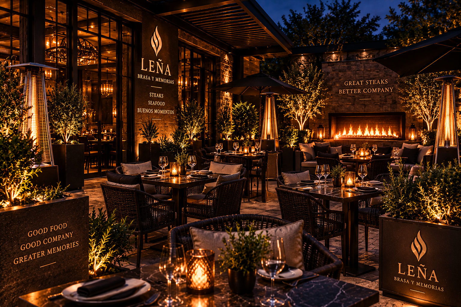 Outdoor patio with fireplace and seasonal heating