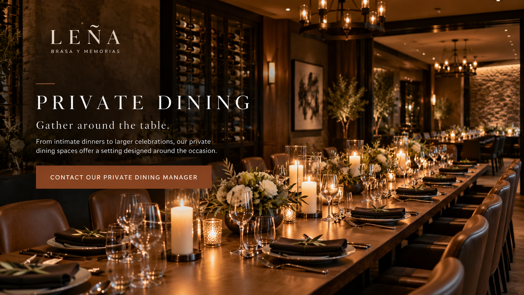 Private dining room prepared for an elegant event at Leña, Brasa y Memorias