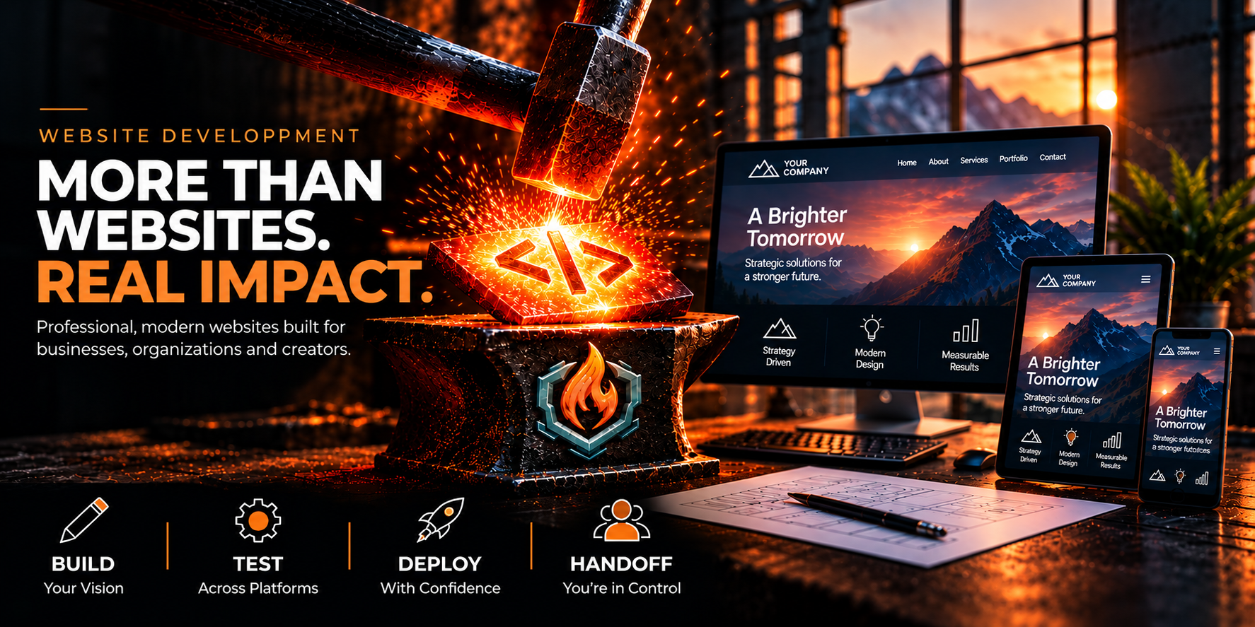 Website Development artwork with a glowing code symbol, an Ember Foundry Labs emblem on an anvil, and responsive website previews