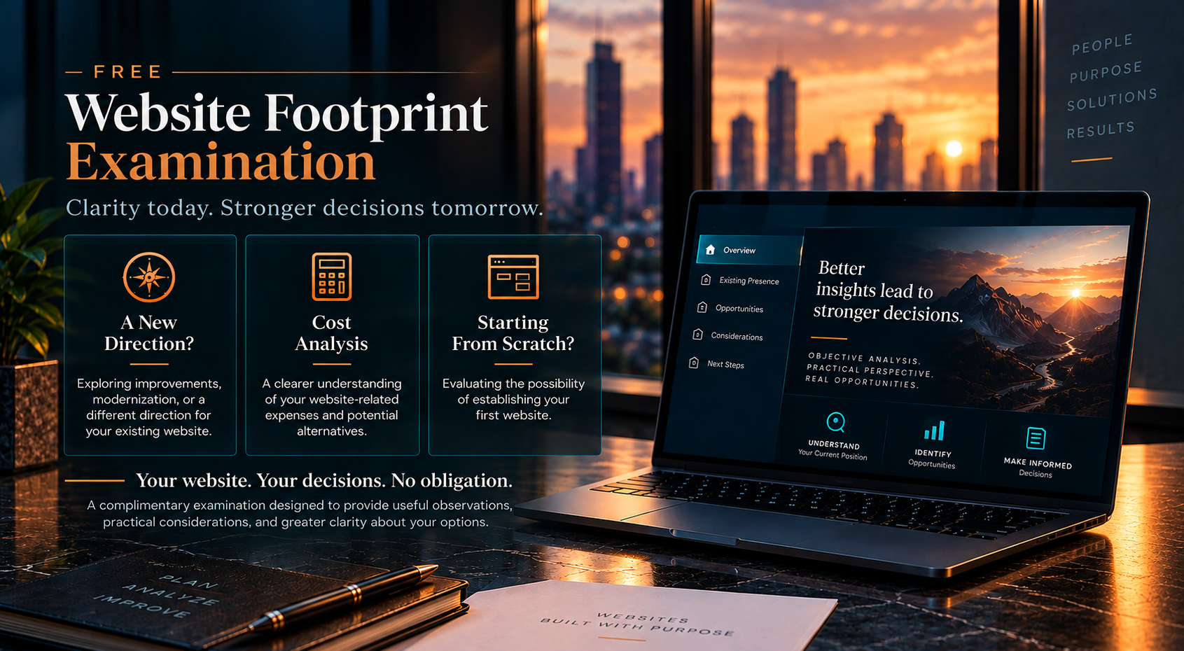 Free Website Footprint Examination artwork presenting three scenarios: A New Direction, Cost Analysis, and Starting From Scratch